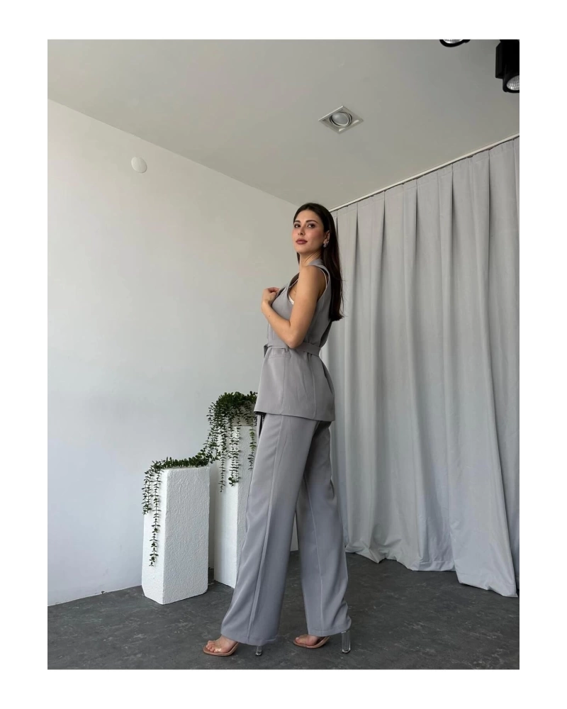 KADIN LEİLA YELEK PANTOLON TAKIM ASTARLİ KUŞAKLI