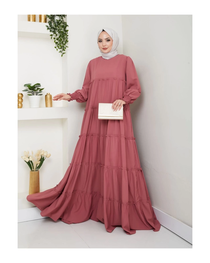 KATLI ELBİSE GİPELİ MANŞET KOLU TESETTÜR ELBİSE