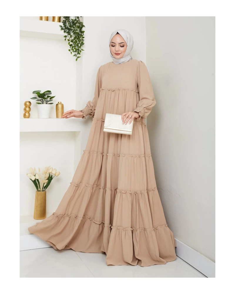 KATLI ELBİSE GİPELİ MANŞET KOLU TESETTÜR ELBİSE