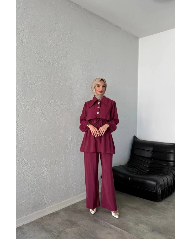 BELİ BAĞCIKLI GENİŞ YAKA PANTOLONLU İKİLİ TAKIM