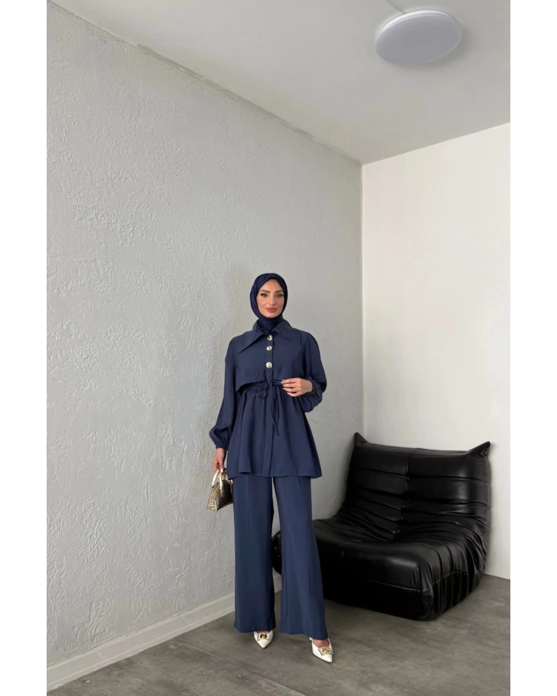 BELİ BAĞCIKLI GENİŞ YAKA PANTOLONLU İKİLİ TAKIM