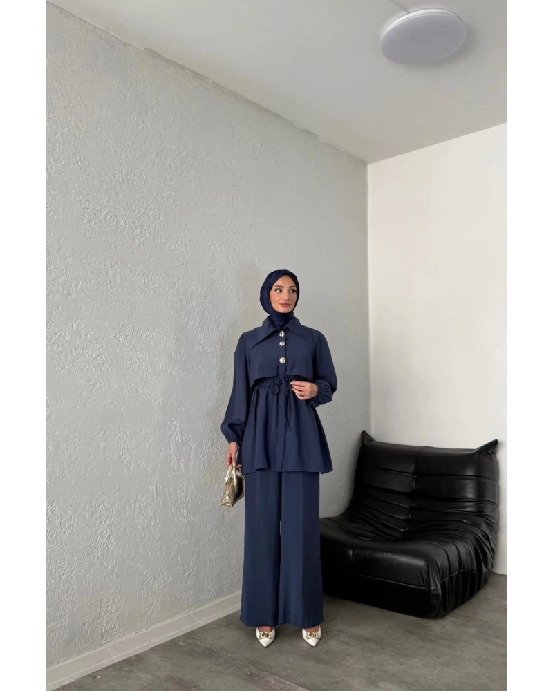 BELİ BAĞCIKLI GENİŞ YAKA PANTOLONLU İKİLİ TAKIM