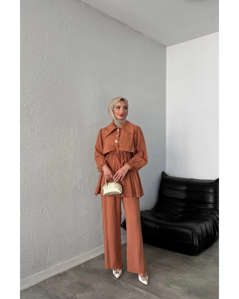 BELİ BAĞCIKLI GENİŞ YAKA PANTOLONLU İKİLİ TAKIM