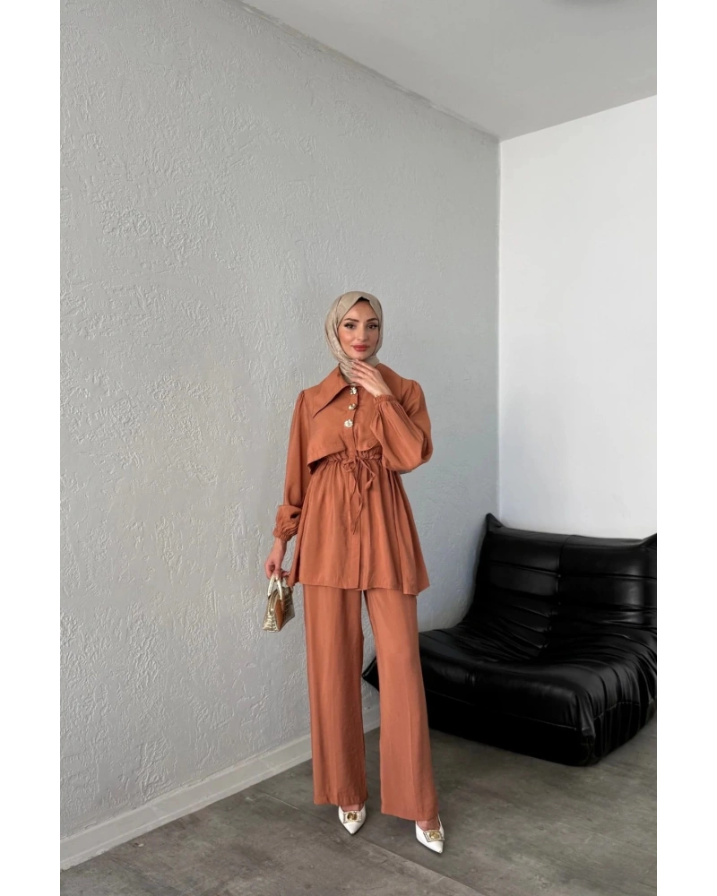 BELİ BAĞCIKLI GENİŞ YAKA PANTOLONLU İKİLİ TAKIM