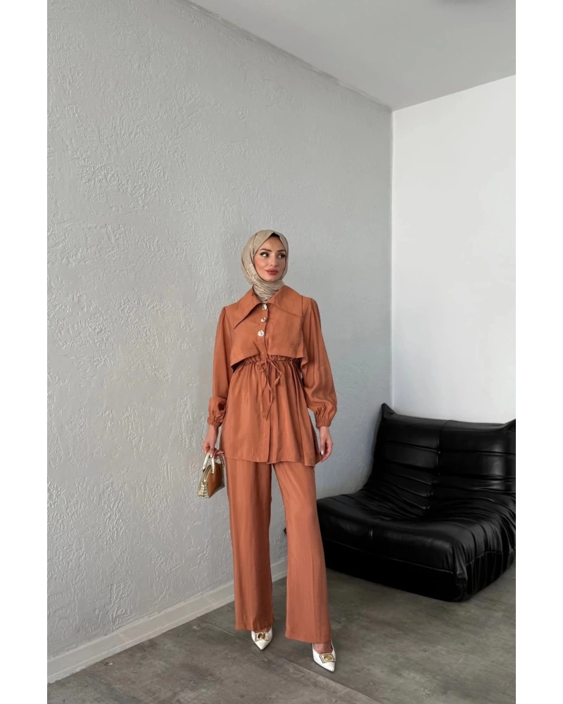 BELİ BAĞCIKLI GENİŞ YAKA PANTOLONLU İKİLİ TAKIM