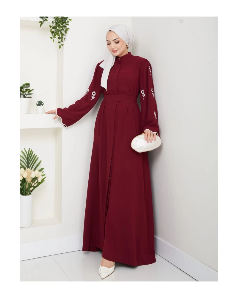 KOLU ÇİÇEK NAKIŞ DETAYLI TESETTÜR KADIN ABİYE ELBİSE BORDO