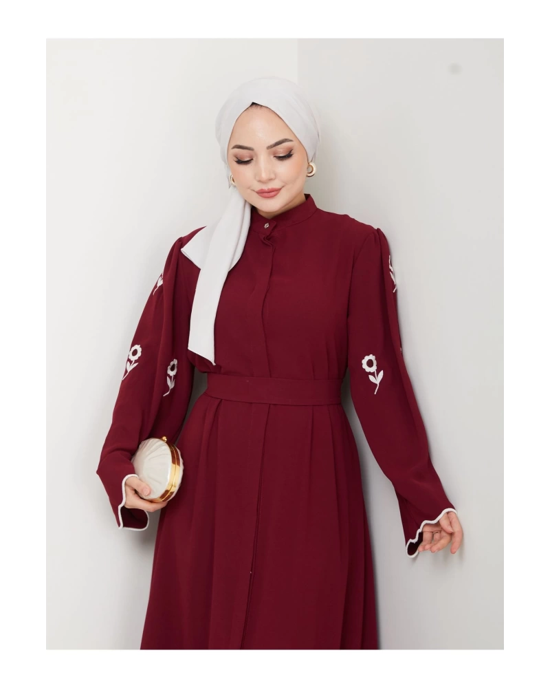 KOLU ÇİÇEK NAKIŞ DETAYLI TESETTÜR KADIN ABİYE ELBİSE BORDO