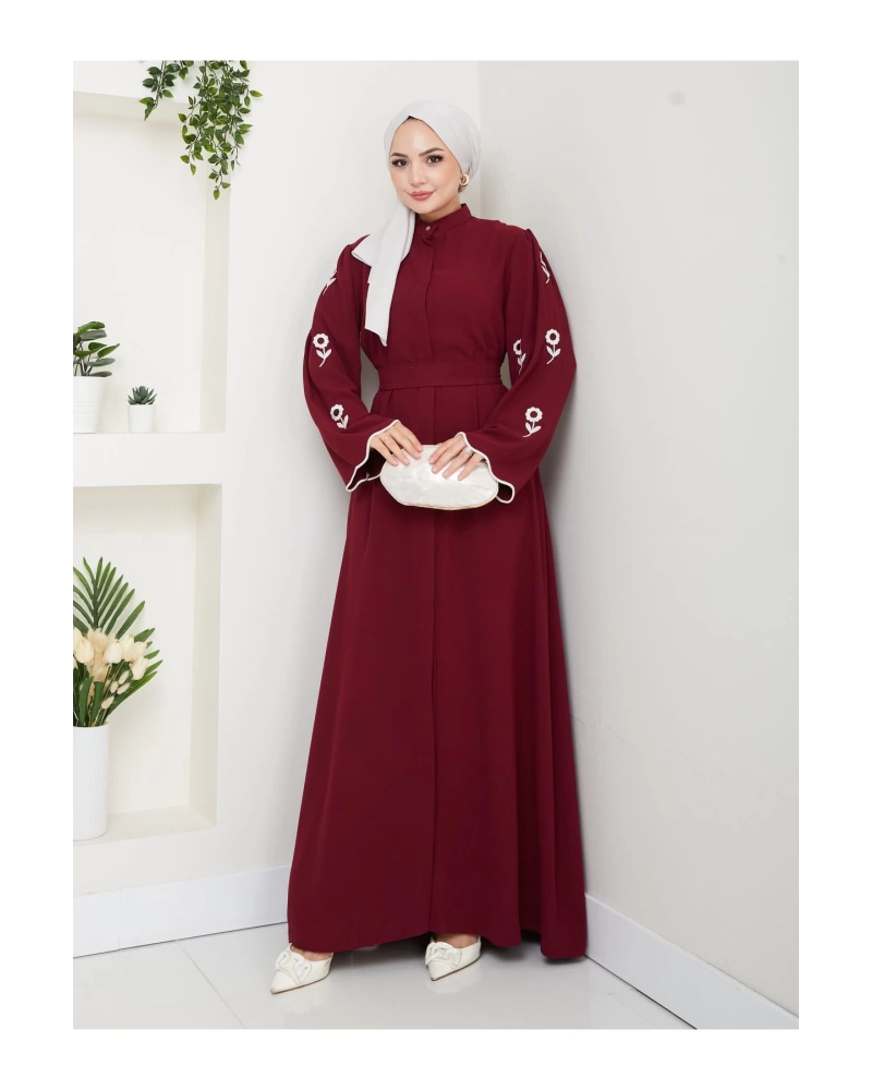 KOLU ÇİÇEK NAKIŞ DETAYLI TESETTÜR KADIN ABİYE ELBİSE BORDO