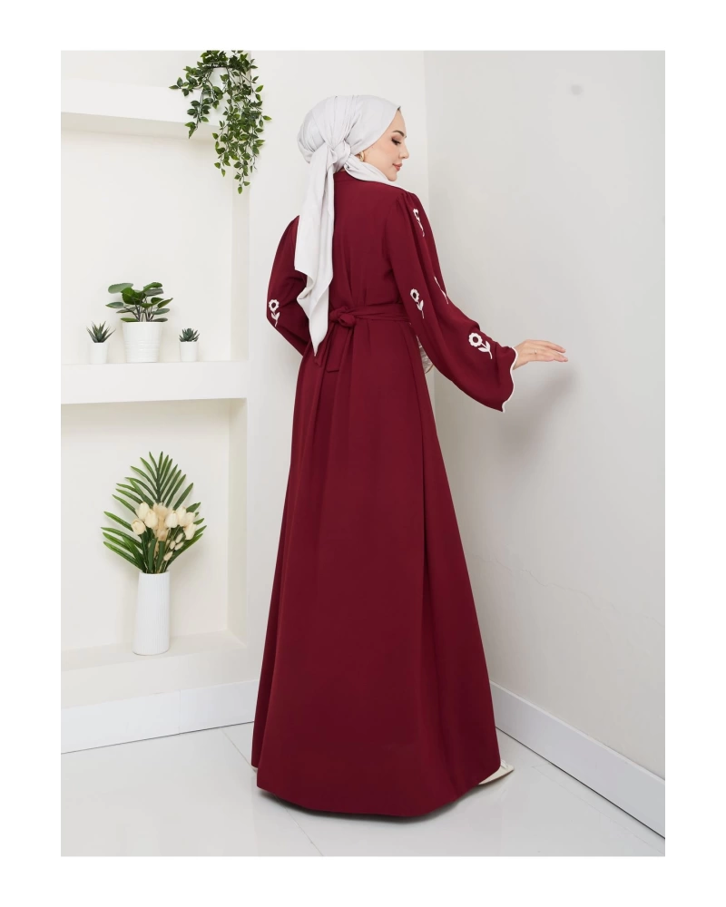 KOLU ÇİÇEK NAKIŞ DETAYLI TESETTÜR KADIN ABİYE ELBİSE BORDO