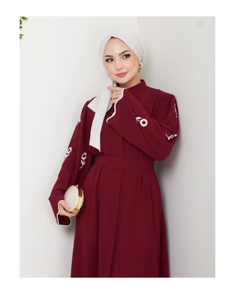 KOLU ÇİÇEK NAKIŞ DETAYLI TESETTÜR KADIN ABİYE ELBİSE BORDO