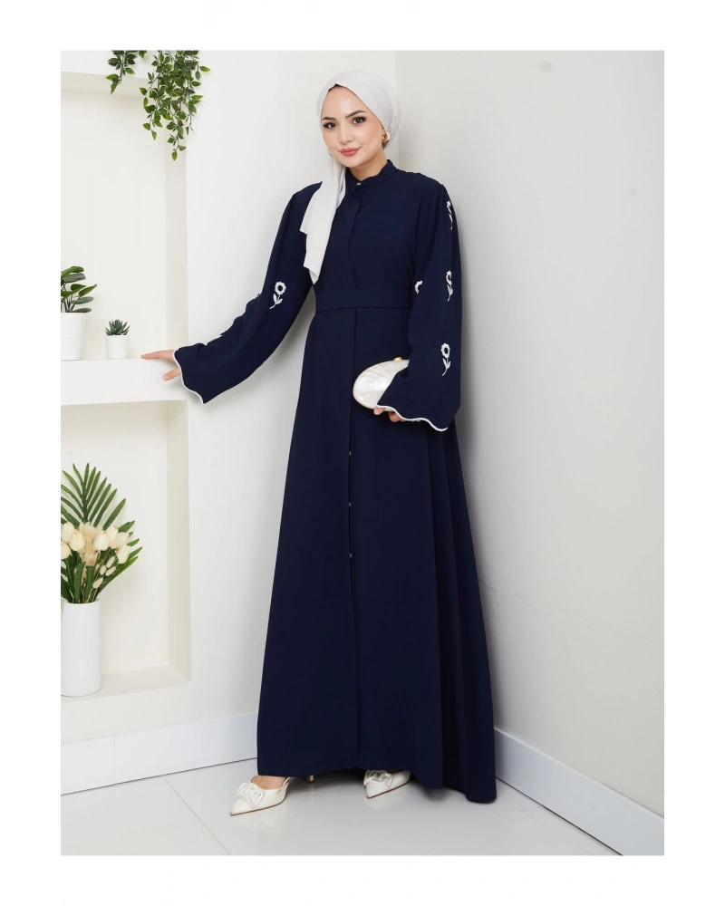 KOLU ÇİÇEK NAKIŞ DETAYLI TESETTÜR KADIN ABİYE ELBİSE LACİVERT