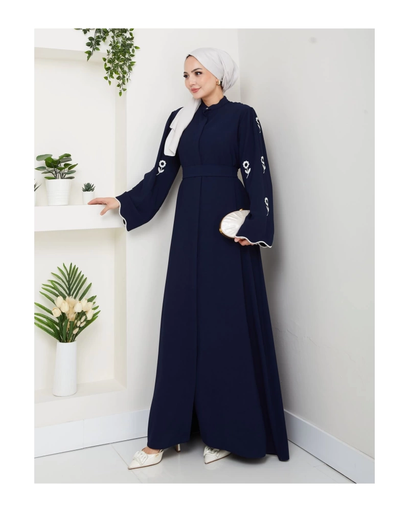 KOLU ÇİÇEK NAKIŞ DETAYLI TESETTÜR KADIN ABİYE ELBİSE LACİVERT