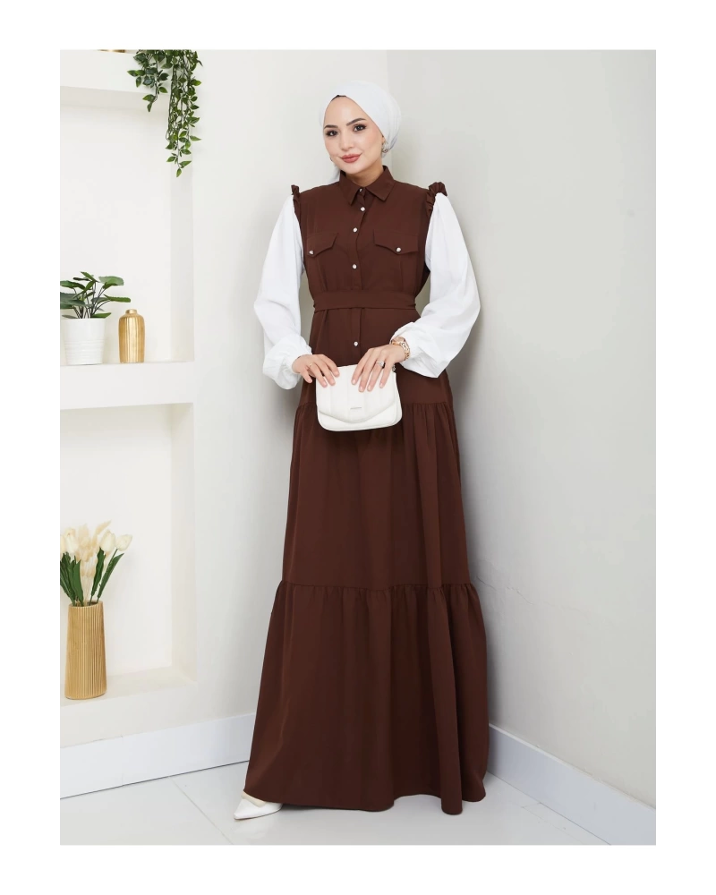 KOLU BEYAZ SALAŞ KADIN TESETTÜR ELBİSE