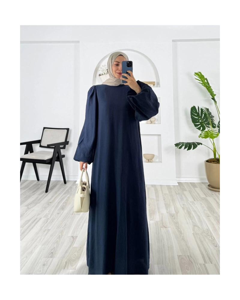 PİLİSELİ VRN POLYESTER KUMAŞ ASTARLI -BALON KOL HAKIM YAKA KEMERLİ ELBİSE