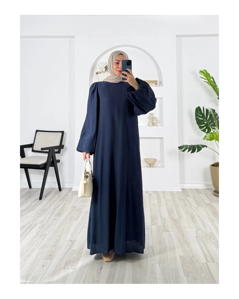 PİLİSELİ VRN POLYESTER KUMAŞ ASTARLI -BALON KOL HAKIM YAKA KEMERLİ ELBİSE