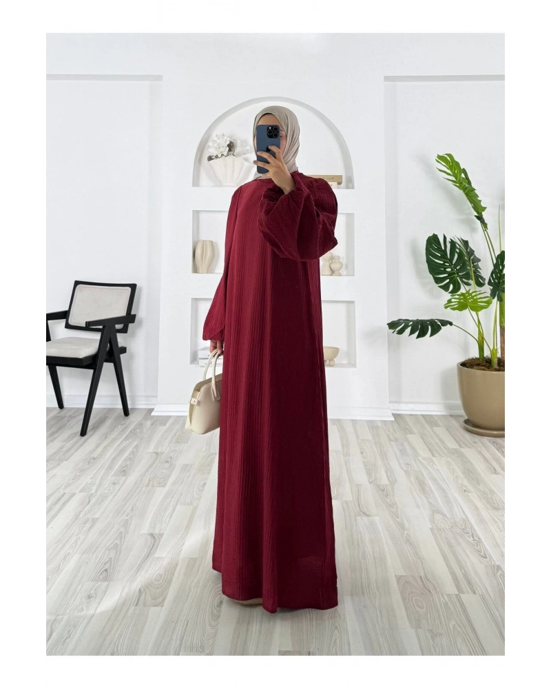 PİLİSELİ VRN POLYESTER KUMAŞ ASTARLI -BALON KOL HAKIM YAKA KEMERLİ ELBİSE