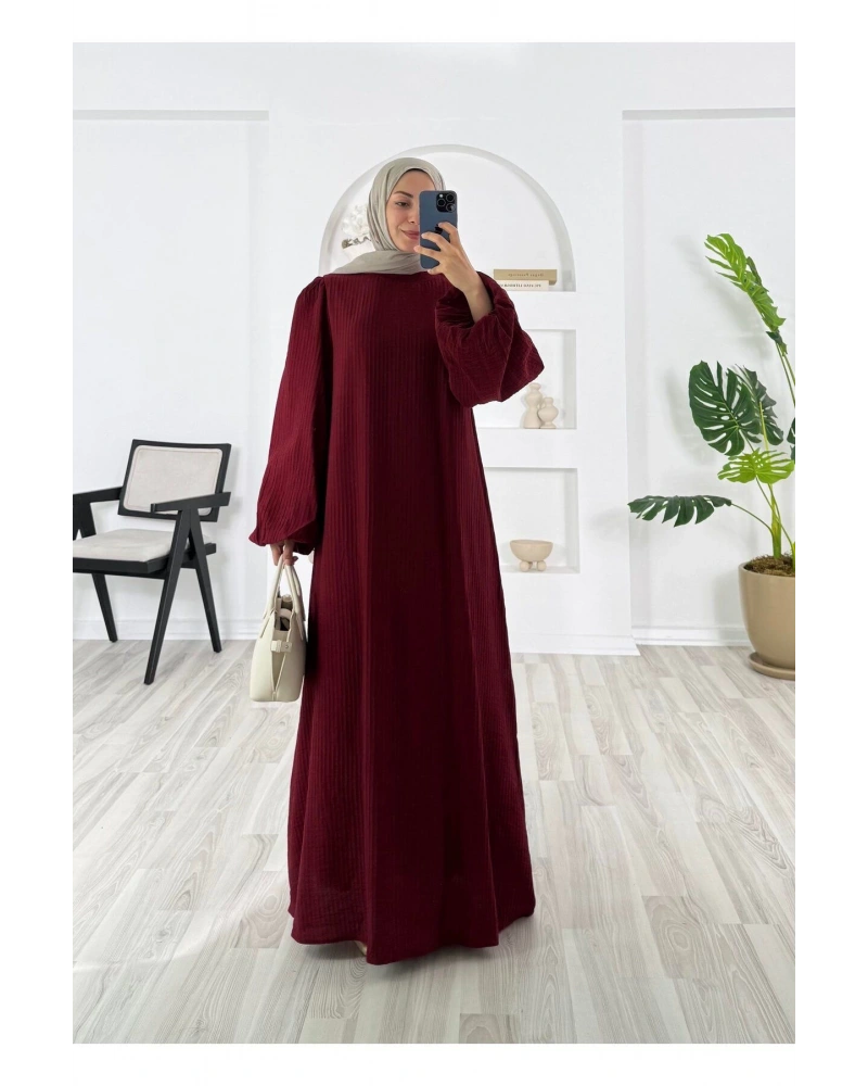 PİLİSELİ VRN POLYESTER KUMAŞ ASTARLI -BALON KOL HAKIM YAKA KEMERLİ ELBİSE