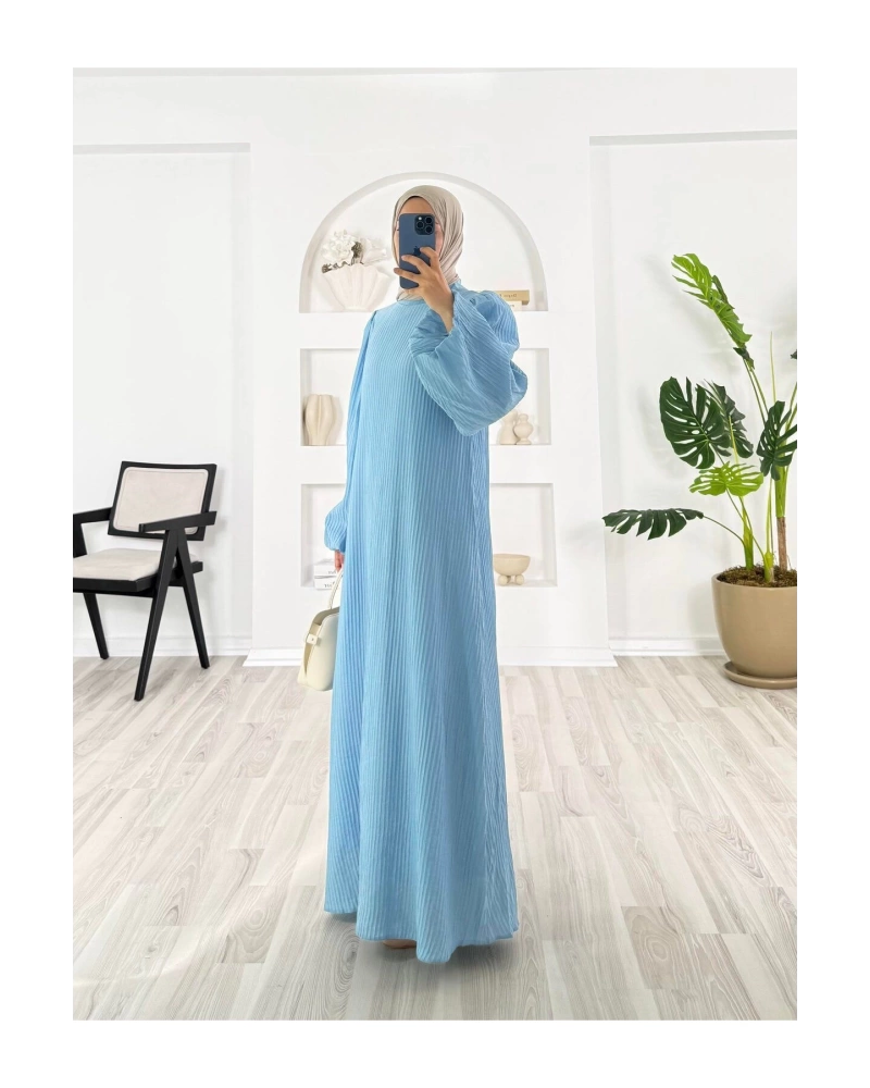 PİLİSELİ VRN POLYESTER KUMAŞ ASTARLI -BALON KOL HAKIM YAKA KEMERLİ ELBİSE