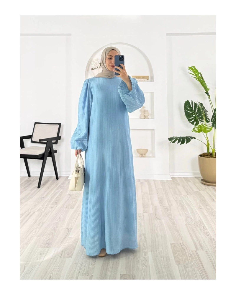 PİLİSELİ VRN POLYESTER KUMAŞ ASTARLI -BALON KOL HAKIM YAKA KEMERLİ ELBİSE