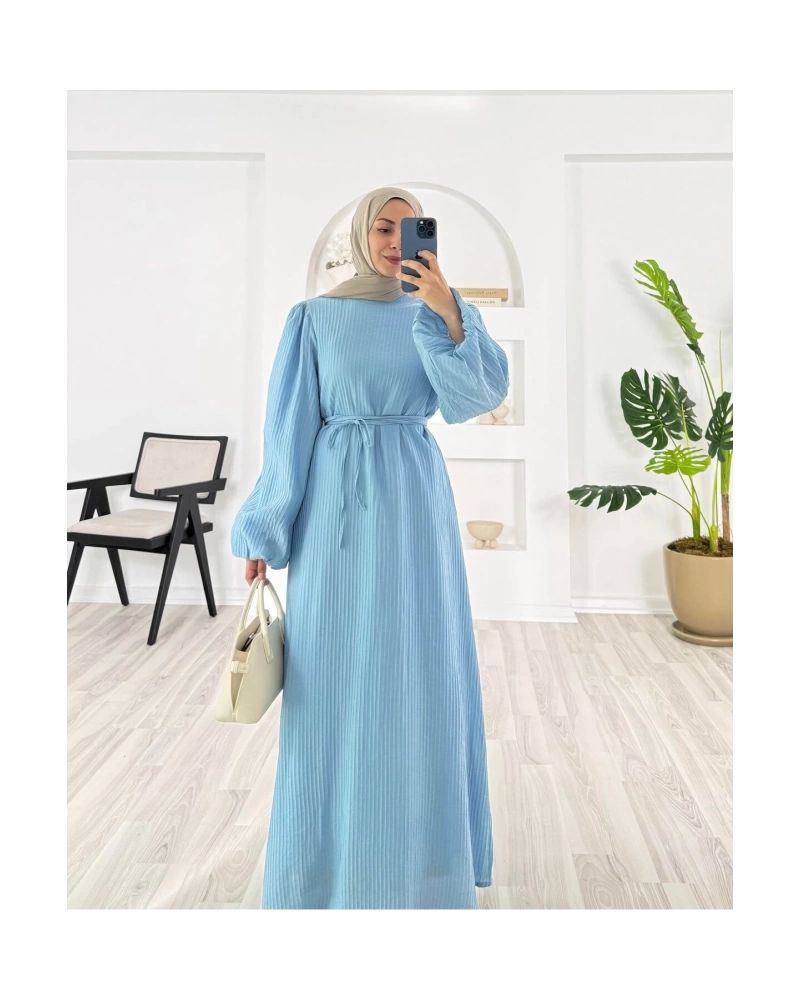 PİLİSELİ VRN POLYESTER KUMAŞ ASTARLI -BALON KOL HAKIM YAKA KEMERLİ ELBİSE
