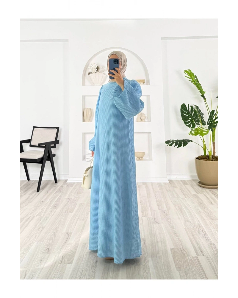 PİLİSELİ VRN POLYESTER KUMAŞ ASTARLI -BALON KOL HAKIM YAKA KEMERLİ ELBİSE