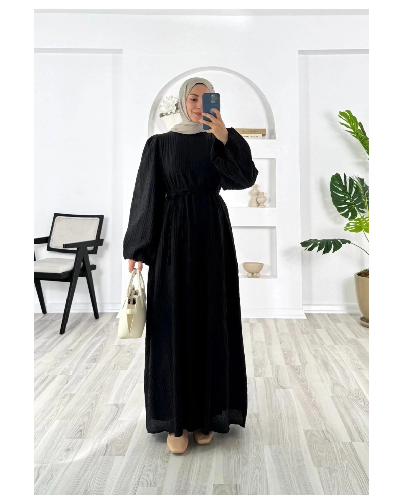 PİLİSELİ VRN POLYESTER KUMAŞ ASTARLI -BALON KOL HAKIM YAKA KEMERLİ ELBİSE