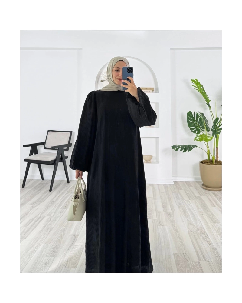 PİLİSELİ VRN POLYESTER KUMAŞ ASTARLI -BALON KOL HAKIM YAKA KEMERLİ ELBİSE