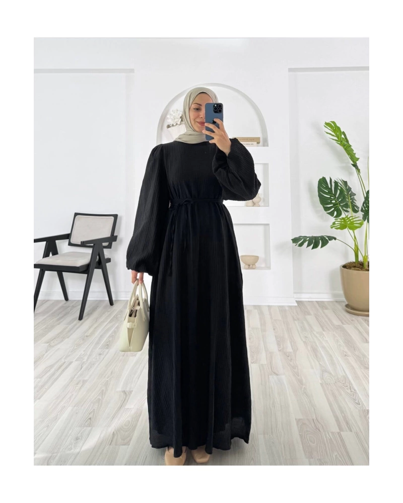 PİLİSELİ VRN POLYESTER KUMAŞ ASTARLI -BALON KOL HAKIM YAKA KEMERLİ ELBİSE