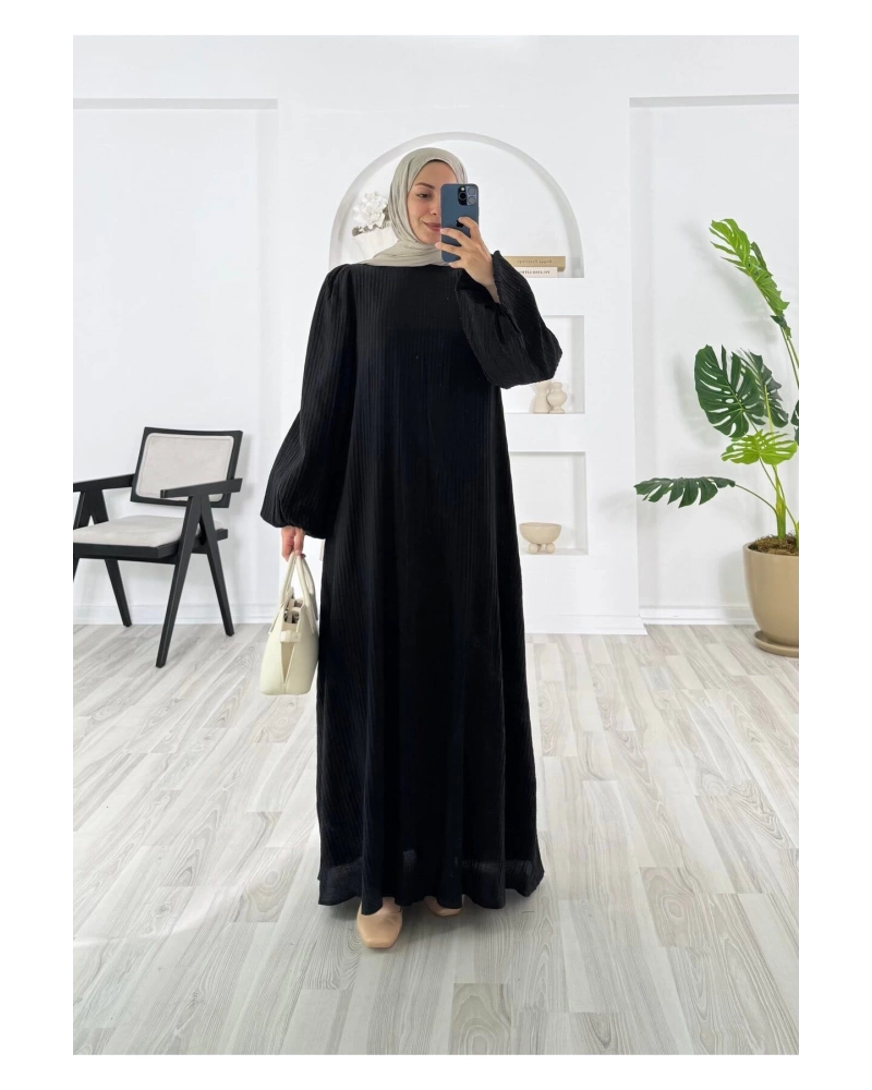PİLİSELİ VRN POLYESTER KUMAŞ ASTARLI -BALON KOL HAKIM YAKA KEMERLİ ELBİSE