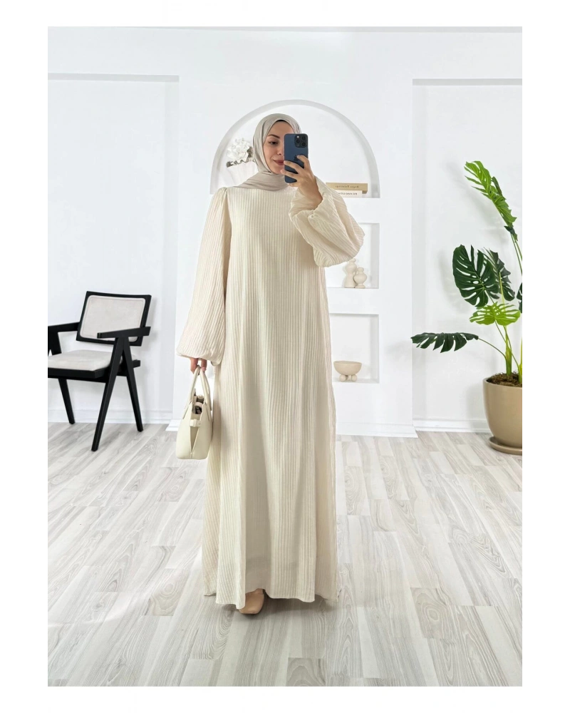 PİLİSELİ VRN POLYESTER KUMAŞ ASTARLI -BALON KOL HAKIM YAKA KEMERLİ ELBİSE