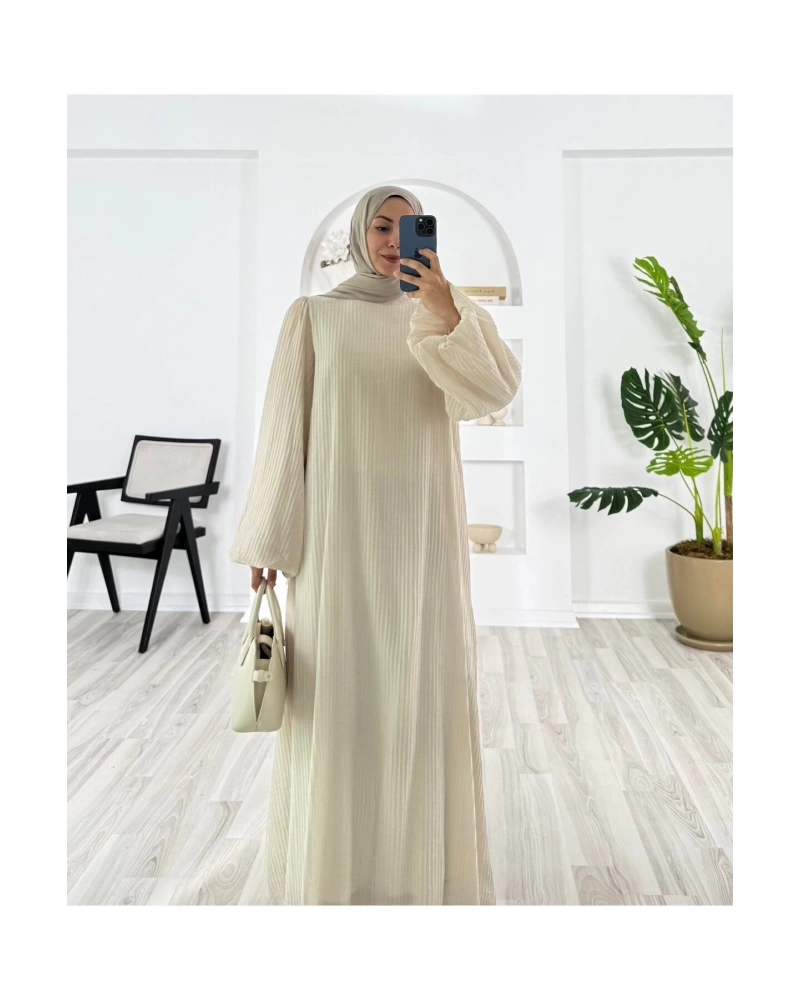 PİLİSELİ VRN POLYESTER KUMAŞ ASTARLI -BALON KOL HAKIM YAKA KEMERLİ ELBİSE