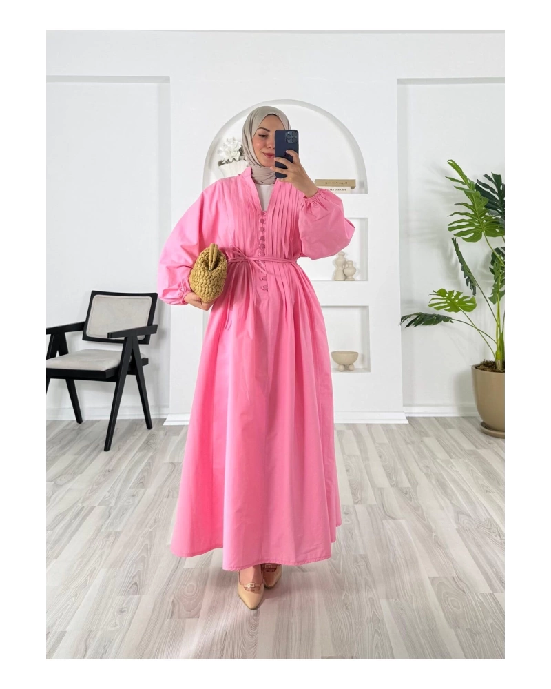 POPLİN KUMAŞ ÖNÜ NERVÜLLÜ BİYELİ ELBİSE PEMBE