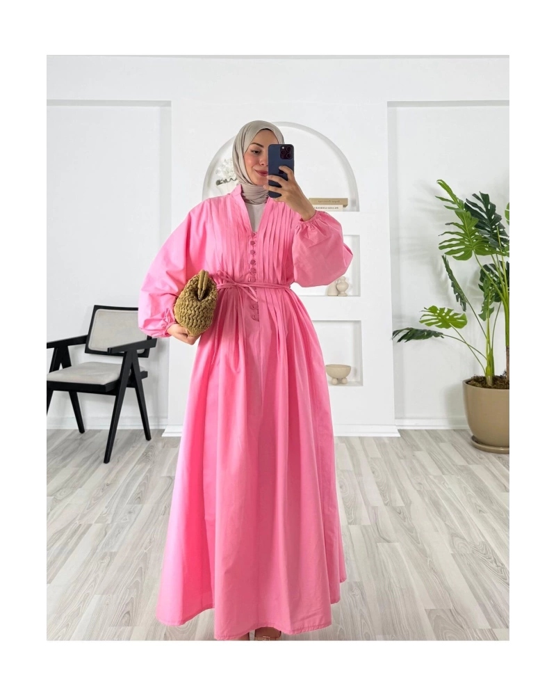 POPLİN KUMAŞ ÖNÜ NERVÜLLÜ BİYELİ ELBİSE PEMBE