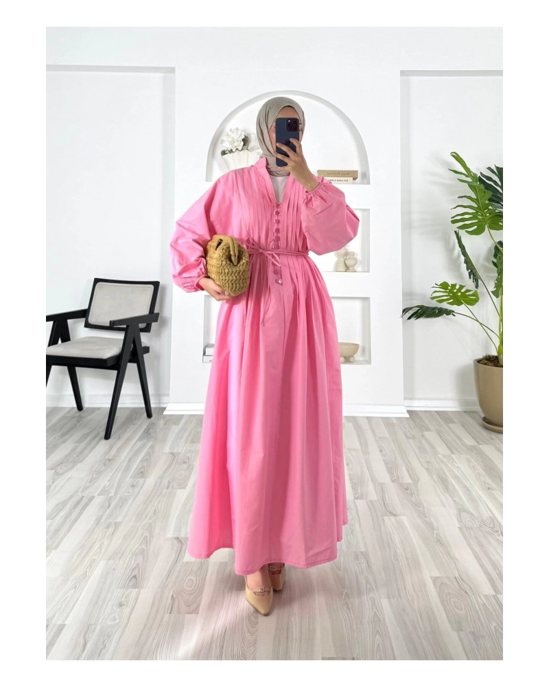 POPLİN KUMAŞ ÖNÜ NERVÜLLÜ BİYELİ ELBİSE PEMBE