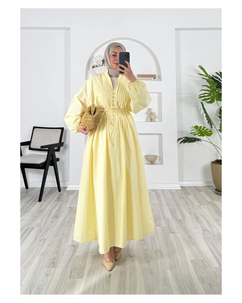 POPLİN KUMAŞ ÖNÜ NERVÜLLÜ BİYELİ ELBİSE SARI