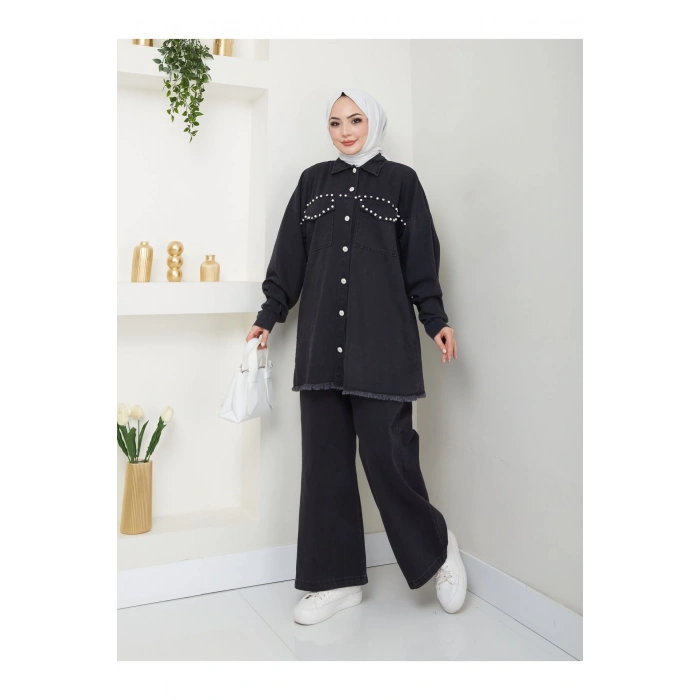 İncili Kapakli Cep Siyah Kot Tesettür Takım 778