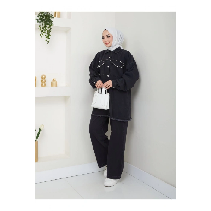 İncili Kapakli Cep Siyah Kot Tesettür Takım 778
