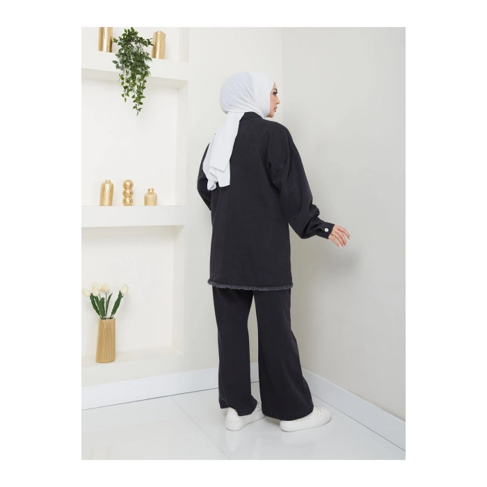 İncili Kapakli Cep Siyah Kot Tesettür Takım 778