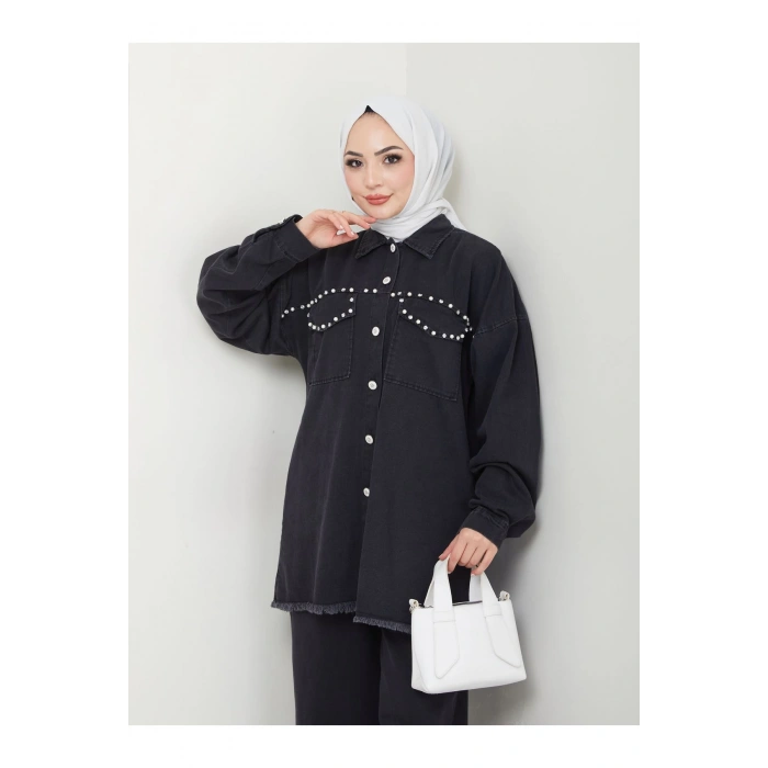 İncili Kapakli Cep Siyah Kot Tesettür Takım 778