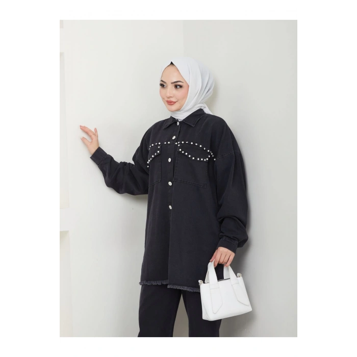 İncili Kapakli Cep Siyah Kot Tesettür Takım 778