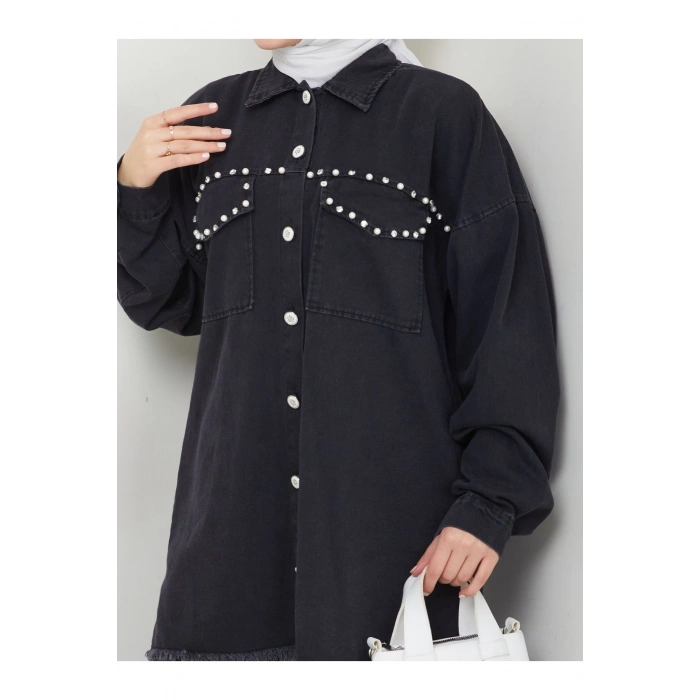 İncili Kapakli Cep Siyah Kot Tesettür Takım 778