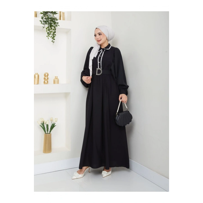 KADIN TESETTÜR BALON KOL DANTEL DETAYLI KEMERLİ ELBİSE SİYAH 2320