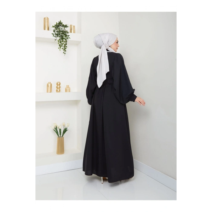 KADIN TESETTÜR BALON KOL DANTEL DETAYLI KEMERLİ ELBİSE SİYAH 2320