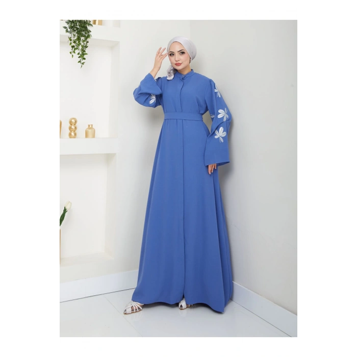 KELEBEK BASKI ABAYA TESETTÜR GIYIM KADIN FERACE ELBISE MAVİ