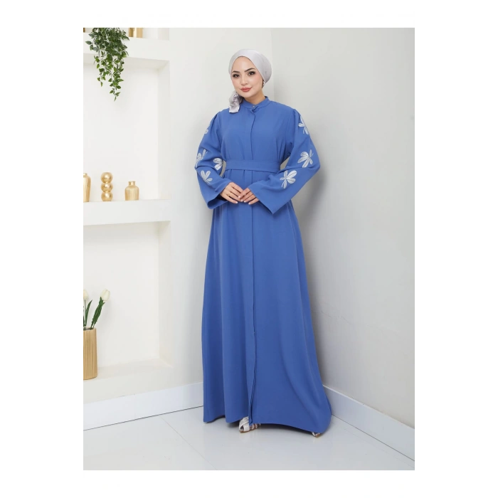 KELEBEK BASKI ABAYA TESETTÜR GIYIM KADIN FERACE ELBISE MAVİ
