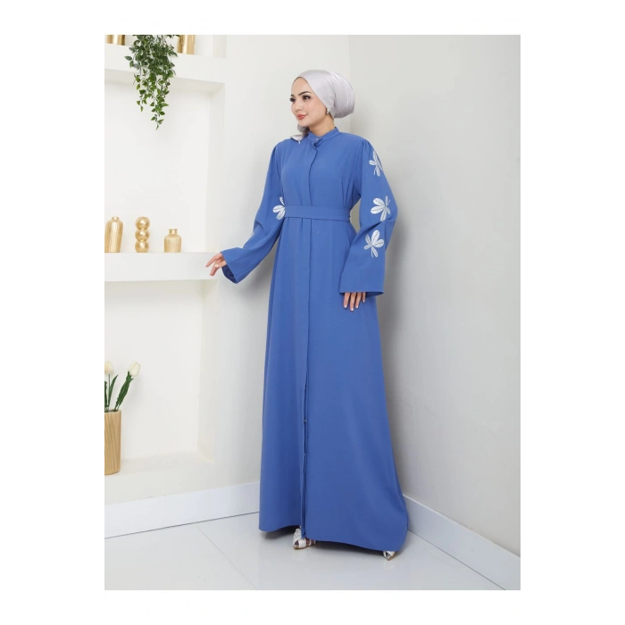 KELEBEK BASKI ABAYA TESETTÜR GIYIM KADIN FERACE ELBISE MAVİ