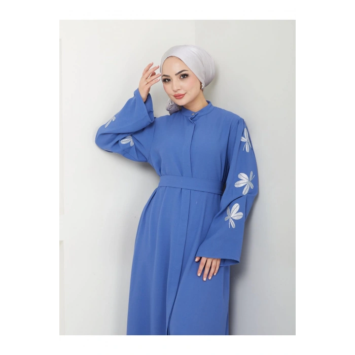 KELEBEK BASKI ABAYA TESETTÜR GIYIM KADIN FERACE ELBISE MAVİ