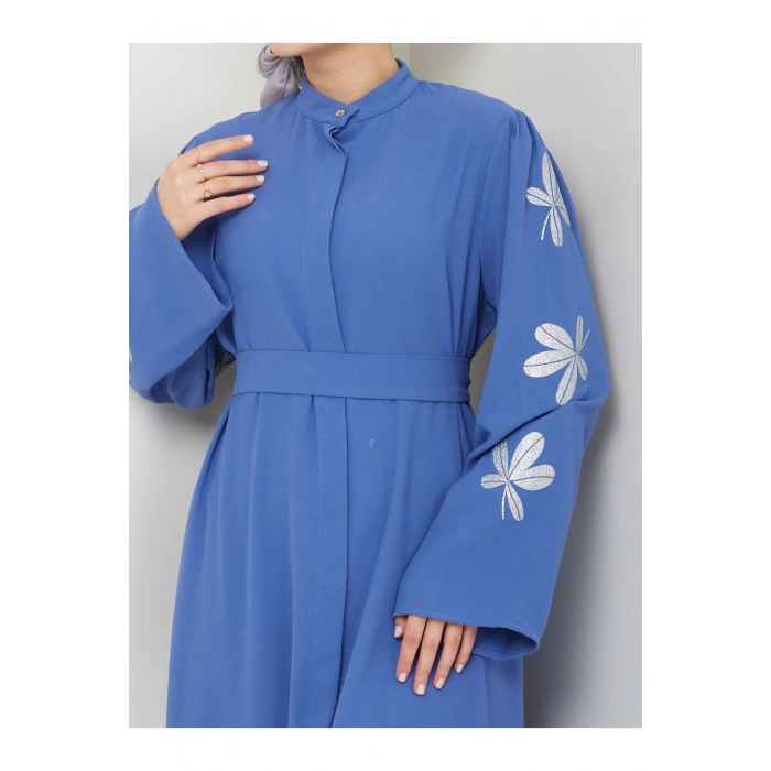 KELEBEK BASKI ABAYA TESETTÜR GIYIM KADIN FERACE ELBISE MAVİ