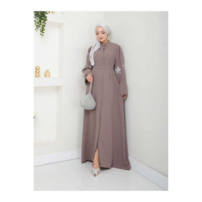 KELEBEK BASKI ABAYA TESETTÜR GIYIM KADIN FERACE ELBISE VİZON