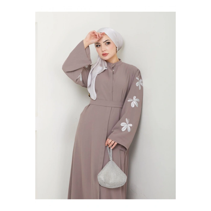 KELEBEK BASKI ABAYA TESETTÜR GIYIM KADIN FERACE ELBISE VİZON